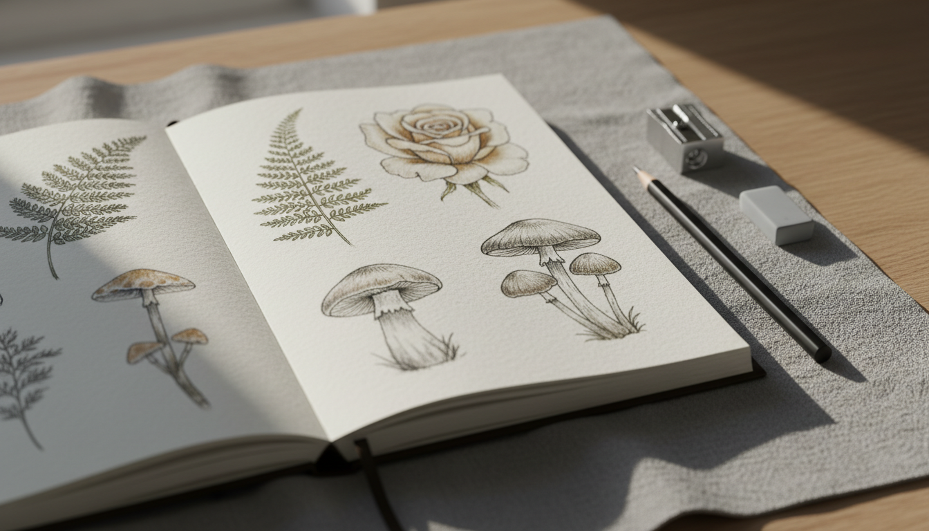 A meticulously hand-drawn sketchbook open to a page of finely detailed botanical illustrations, with delicate lines and subtle textured shading in muted earth tones. The sketchbook rests elegantly on a soft grey linen cloth atop an oak desk, with refined drawing tools—an ebony graphite pencil, silver sharpener, and kneaded eraser—placed neatly beside it. Soft, diffused daylight streams from the left, creating balanced highlights and gentle shadows that enhance the paper’s texture and the sophistication of the scene. Captured with a centered, eye-level composition and a shallow depth of field that blurs the linen background. The mood is calm, introspective, and elegant, embodying a minimalist, photographic realism perfectly suited to a sophisticated illustration portfolio.