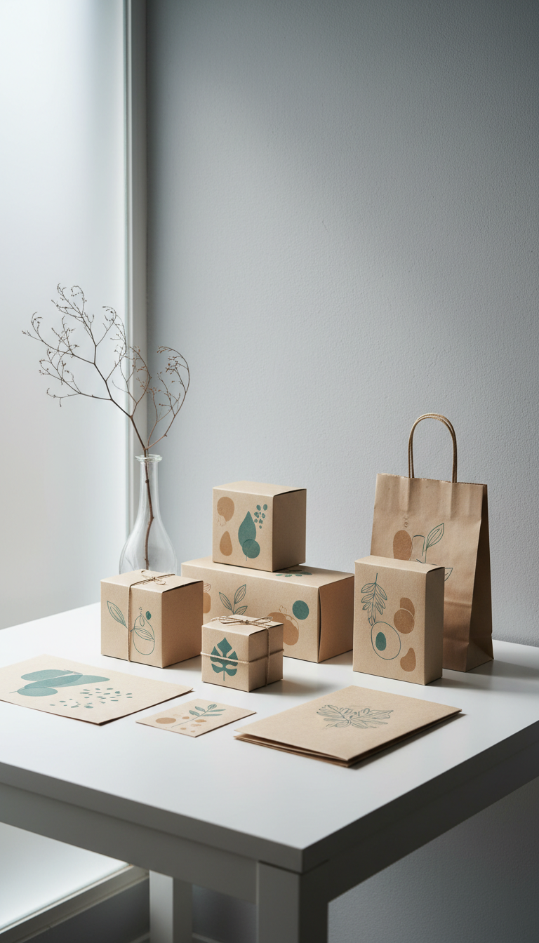 An artist’s elegant workspace featuring a selection of unique, hand-drawn product packaging—small, refined boxes and paper bags adorned with subtle, minimalist illustrations in muted teal and taupe. The packages are arranged thoughtfully on a matte white table near a slender glass vase holding a single dried branch, set against a whisper-grey, gently textured backdrop. Illumination comes from soft midday light filtered through frosted glass, casting delicate, natural shadows and accentuating the paper’s fine grain. Viewed from a slightly elevated, three-quarters angle, the composition highlights the product’s sophistication while maintaining an uncluttered, photorealistic, and refined aesthetic true to a high-caliber portfolio site.