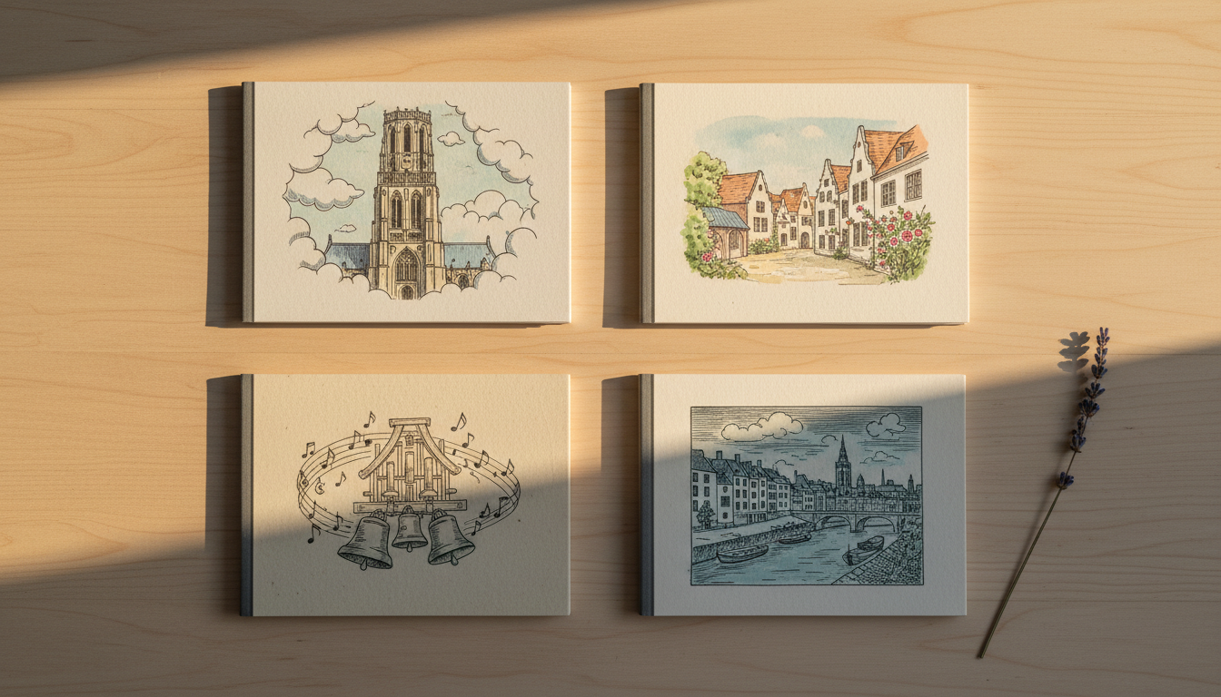 A refined flat-lay of a selection of premium, hand-bound notebooks, each featuring a unique, hand-drawn cover illustration inspired by Mechelen’s heritage. The notebooks are arranged on pale, unvarnished wood, with a single stem of dried lavender adding a minimalist, elegant accent. Soft, late afternoon light enters from the side, casting elongated, gentle shadows and creating inviting highlights on the notebook covers, emphasizing their tactile textures and subtle details. Photographed at a direct overhead angle for a crisp, modern presentation, the composition radiates sophistication and quiet creativity, aligning perfectly with a sophisticated illustrator’s portfolio in a photographic, minimalist style.